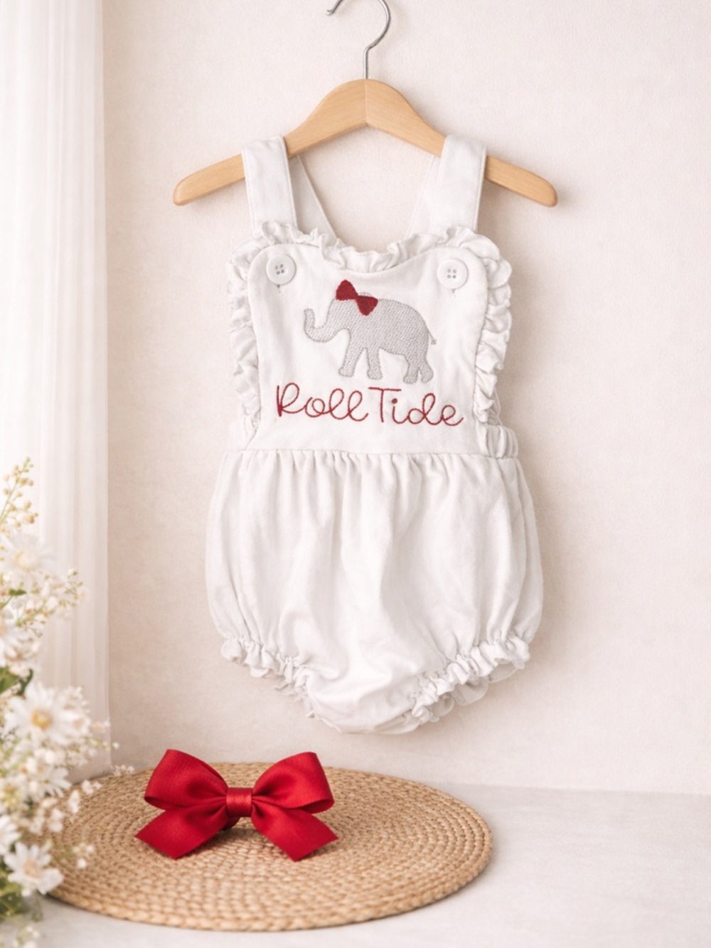 “Roll Tide” White Baby Romper with Embroidered Elephant and Red Script
